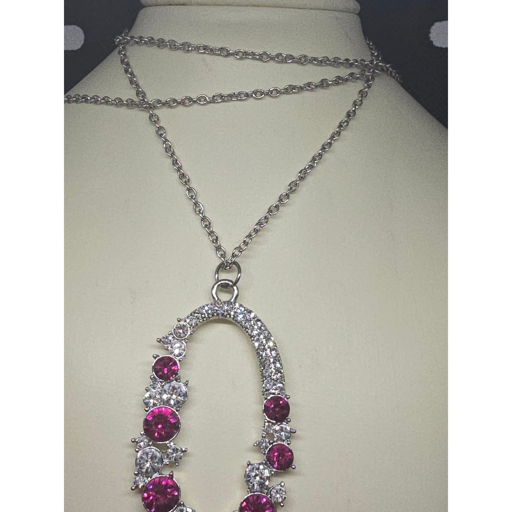 Magenta Rhinestone Oval Pendant Necklace and Matching Drop Earrings Jewelry Set‎